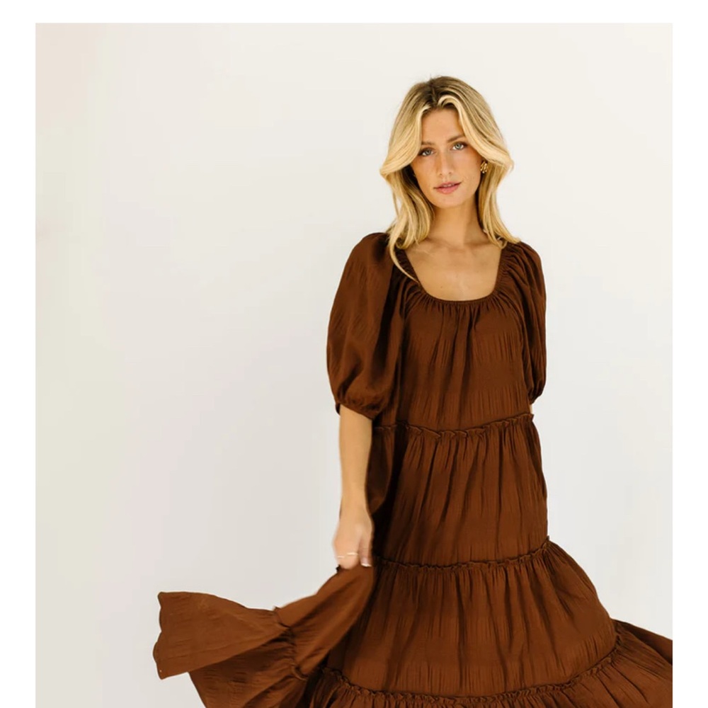 Elegant Brown Puff Sleeve Dress